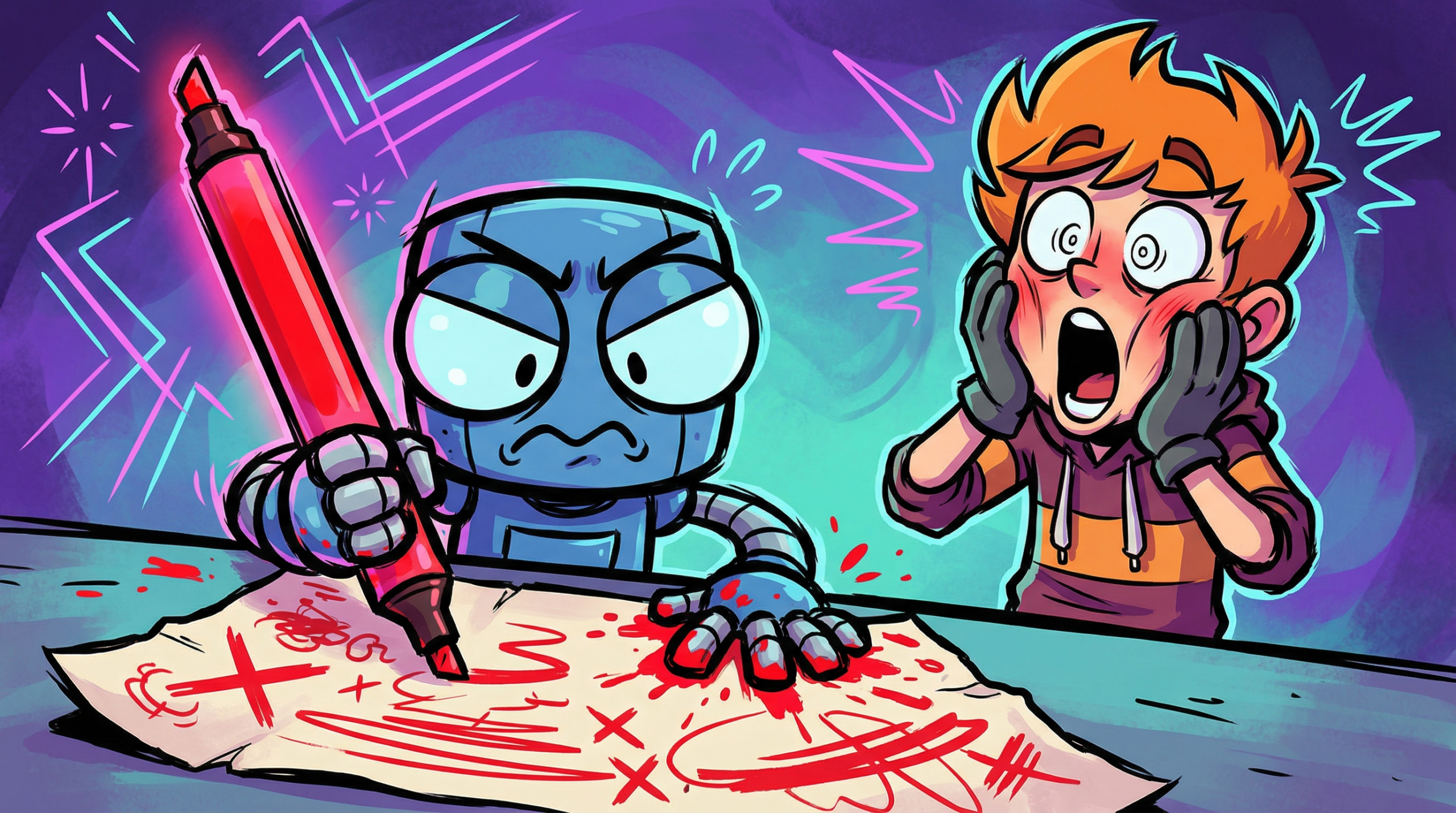 Cartoon blue robot with red pen editing text while a shocked human watches - Claude AI brutally honest editor