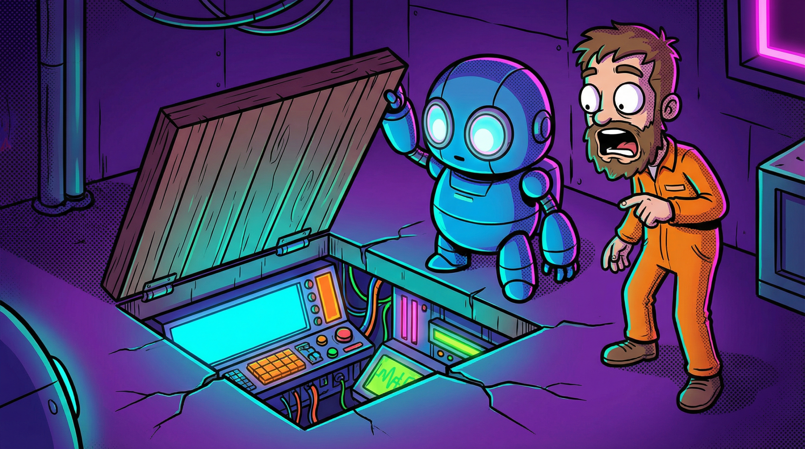 Blue cartoon robot lifting a hidden trap door revealing a glowing secret control panel while a cartoon human watches in amazement