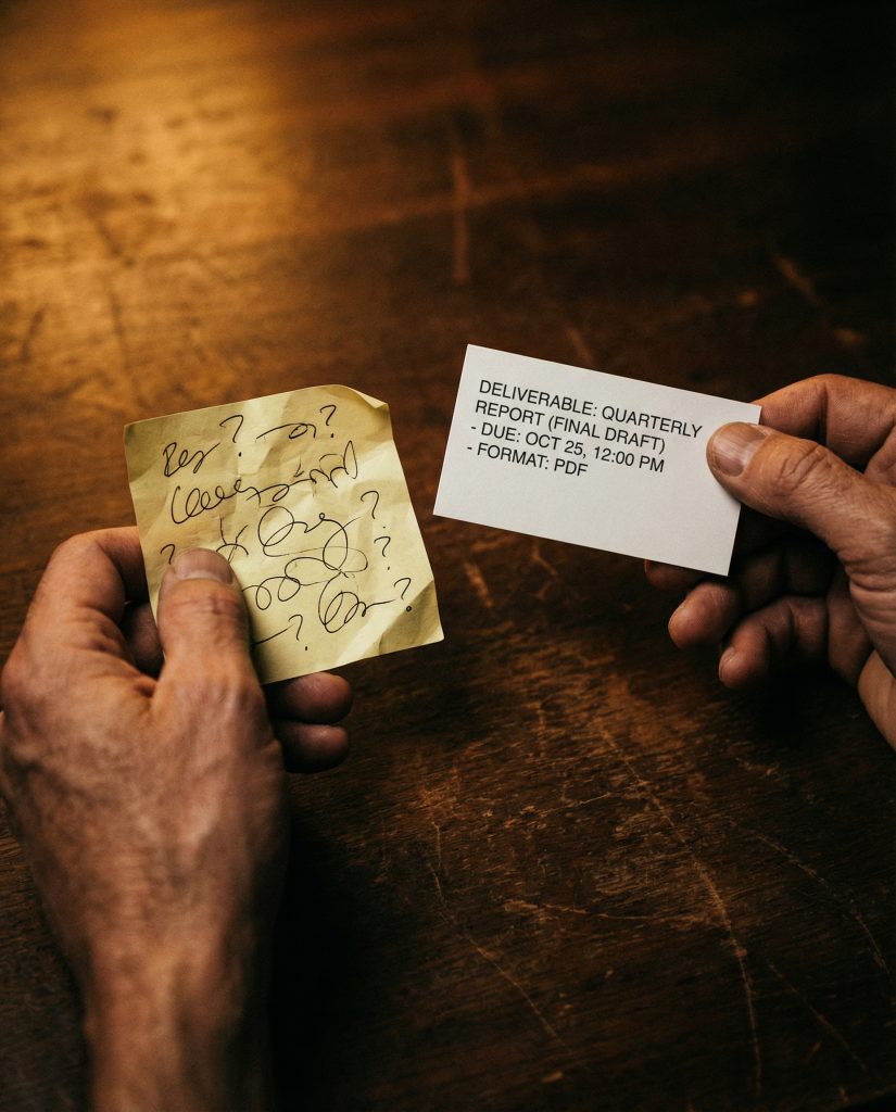 Two hands comparing crumpled note with messy writing versus clean card with precise text